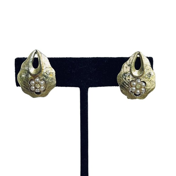 Gold Tone, Faux Pearl & Rhinestone Statement Necklace W/ Clip On Earrings (5727) - Picture 7 of 9